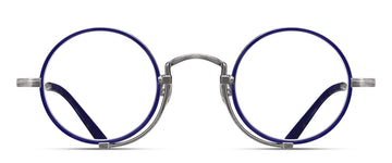 Round eyeglasses with blue frames and prominent silver accents on a white background