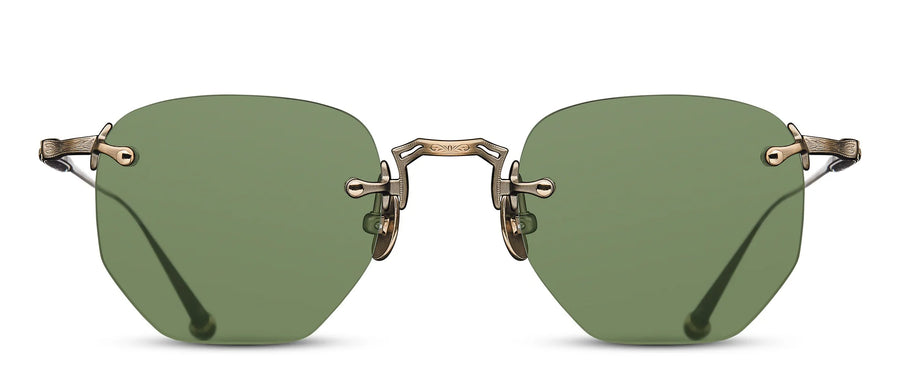Gold framed rimless sunglasses with green lenses on a white background