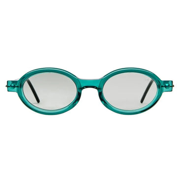 Green oval sunglasses with grey lenses on a white background