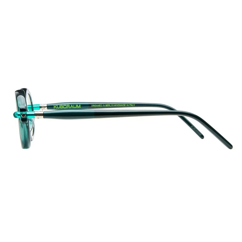 Side view of green eyeglasses with KUBORAUM brand name on a white background