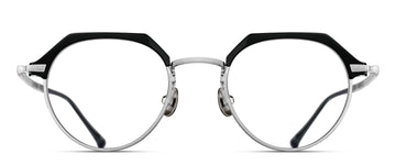 Round eyeglasses with a silver frame and black acetate accents on a white background