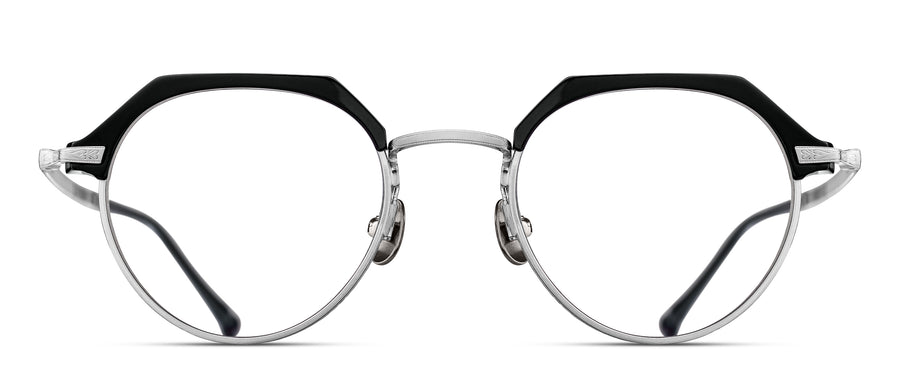 Round eyeglasses with a silver frame and black acetate accents on a white background