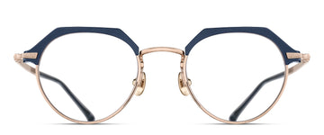 Round eyeglasses with a rose gold frame and navy acetate accents on a white background