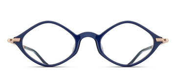 Diamond shaped eyeglasses with a blue frame and rose gold hardware on a white background
