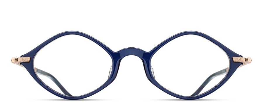 Diamond shaped eyeglasses with a blue frame and rose gold hardware on a white background