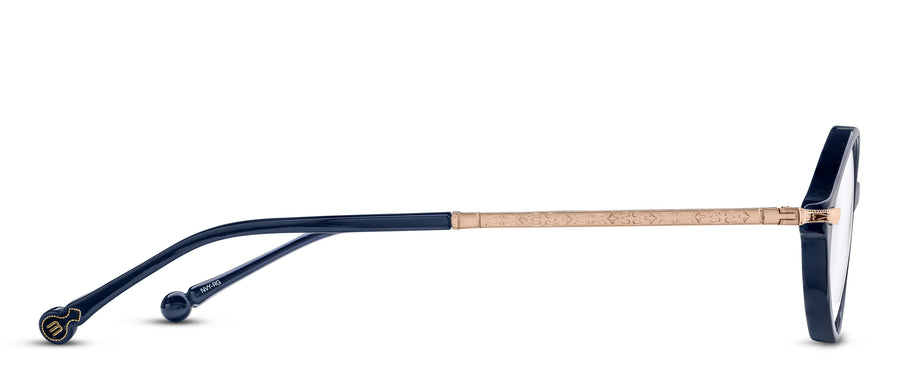 Side profile of blue acetate eyeglasses with fine temples featuring detailed gold hardware.