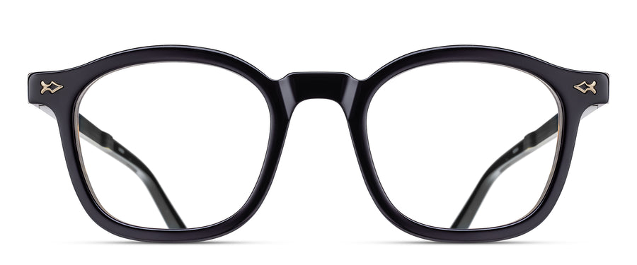Black acetate eyeglasses on a white background