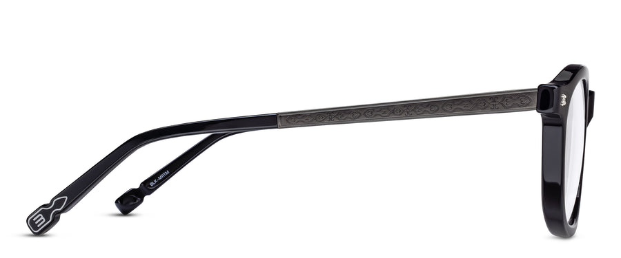 Black eyeglasses with an ornate partially metal temple, on a white background