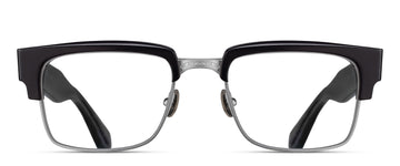 Eyeglasses with a black frame and antique silver hardware on a white background