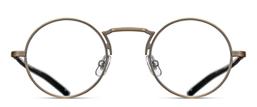 Round eyeglasses in an antique gold frame with a high nose bridge on a white background