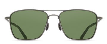 Navigator sunglasses with green lenses and an antique silver frame on a white background