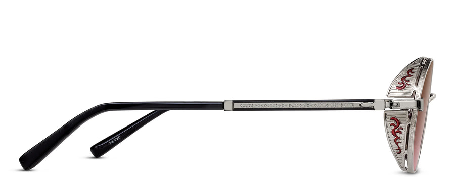 Profile view of metal silver sunglasses with a side shield featuring red highlights and some temple tips