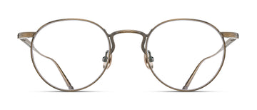 Round eyeglasses with thin antique gold metal frame on a white background