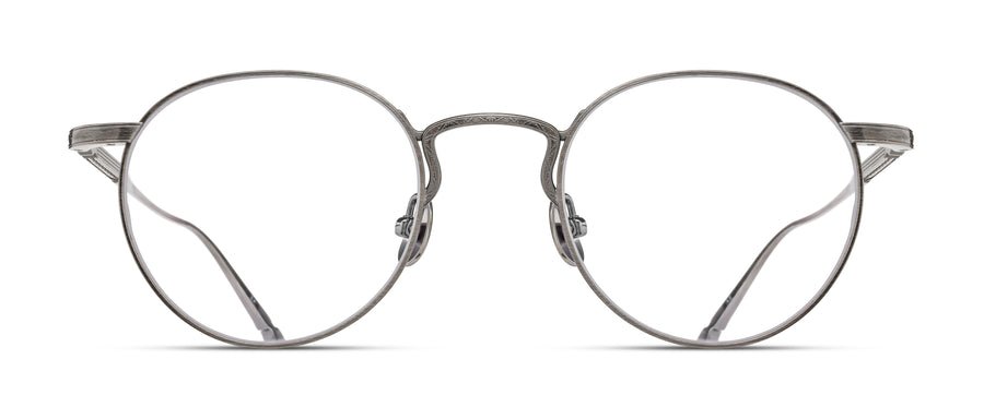 Round silver metal eyeglasses on a white background