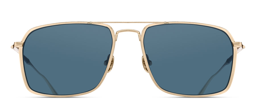 Gold metal frame sunglasses with blue lenses on a white background