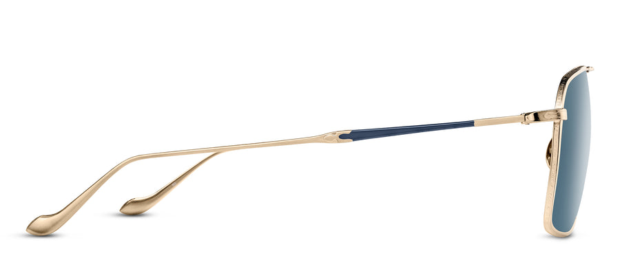 Sleek gold sunglasses with a blue accents and fine temples on a white background