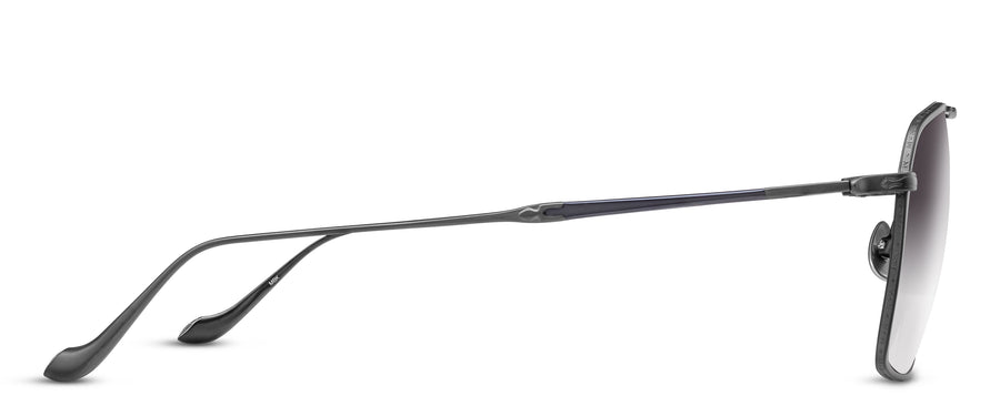 Sleek black sunglasses with a matte black metal temple on a white background