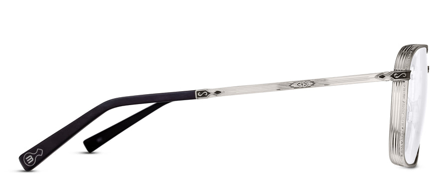 Eyeglasses with black and silver frame on a white background