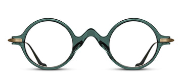 Round eyeglasses with a dark green crystal frame with a quirky pointed bridge, on a white background