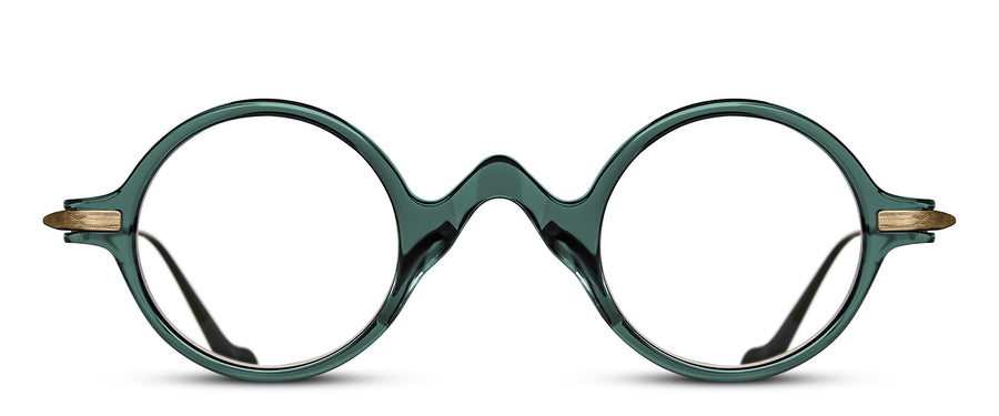 Round eyeglasses with a dark green crystal frame with a quirky pointed bridge, on a white background