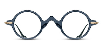 Round eyeglasses with a dark blue crystal frame with a quirky pointed bridge, on a white background