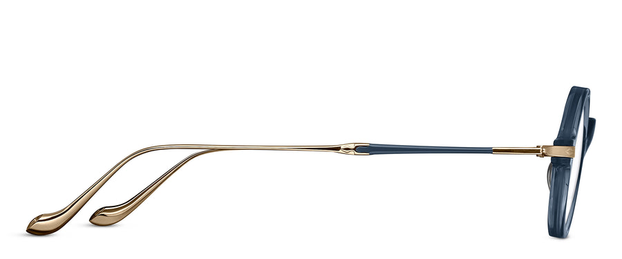 Eyeglasses with blue acetate and gold metal temples on a white background