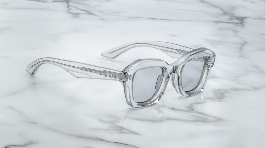Clear crystal sunglasses with exposed silver hardware, at a 3/4 angle on top of a white marble background.