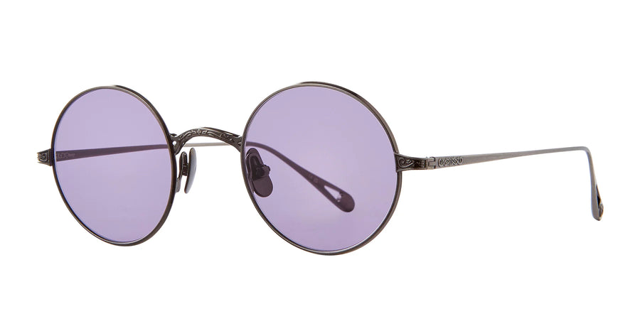 Round pewter metal sunglasses with purple lenses and filagree details across bridge and temples.