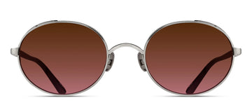 Oval sunglasses in a silver metal with red gradient lenses on a white background