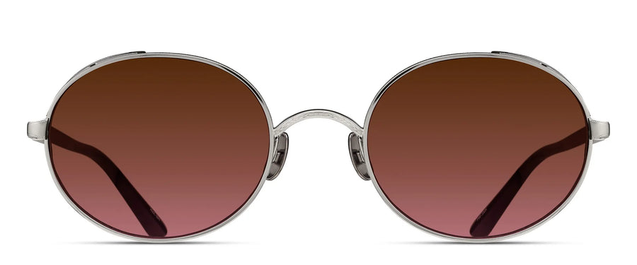 Oval sunglasses in a silver metal with red gradient lenses on a white background