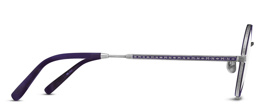 Profile of blue frames with detailed silver hardware accents against a white background