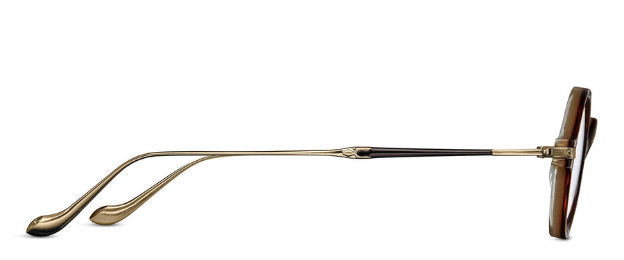 Eyeglasses with brown acetate and gold metal temples on a white background