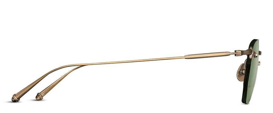 Rimless sunglasses with gold frame and green lenses on a white background